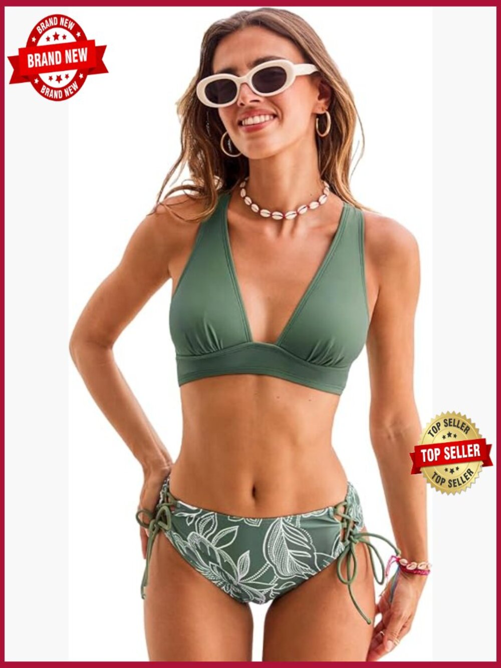 V Neck Triangle Bikini Set with Wide Straps & Crisscross Back